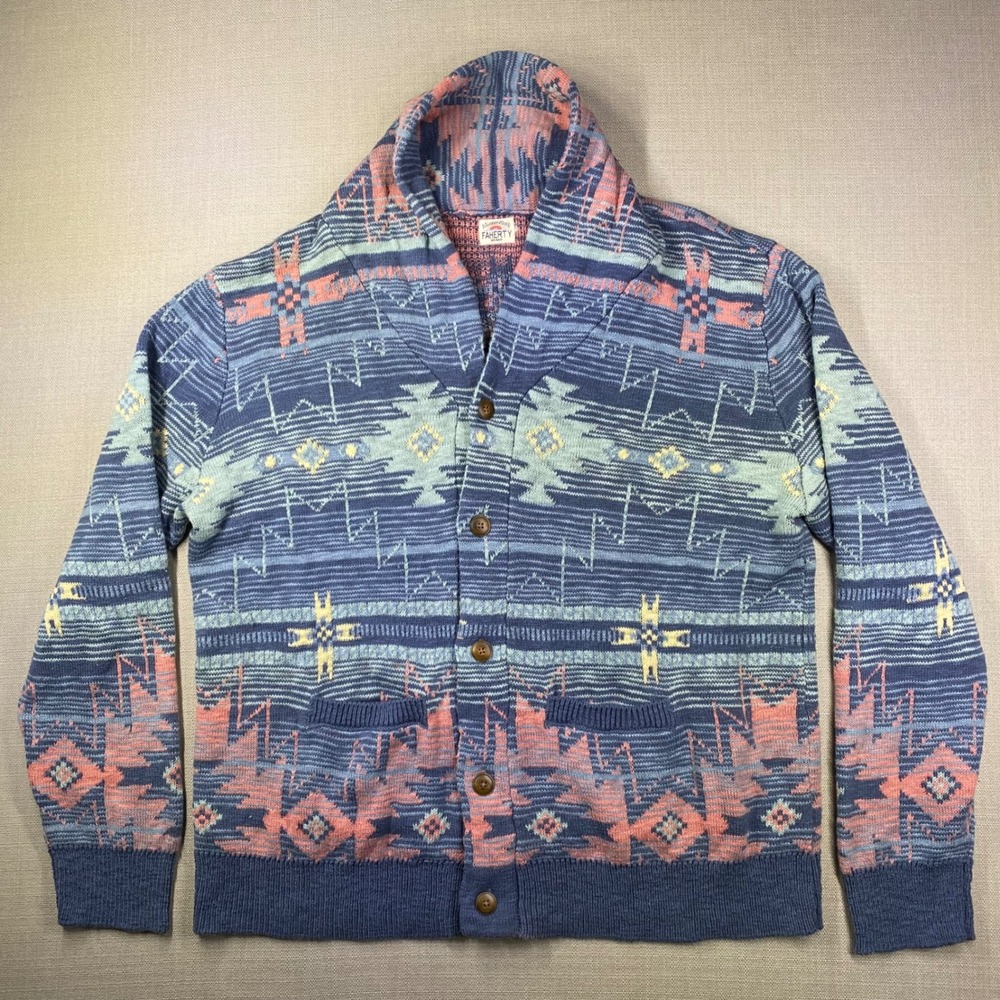 Faherty Mens Southwestern Shawl Collar Cardigan Jacquard Geometric Sweater XXL